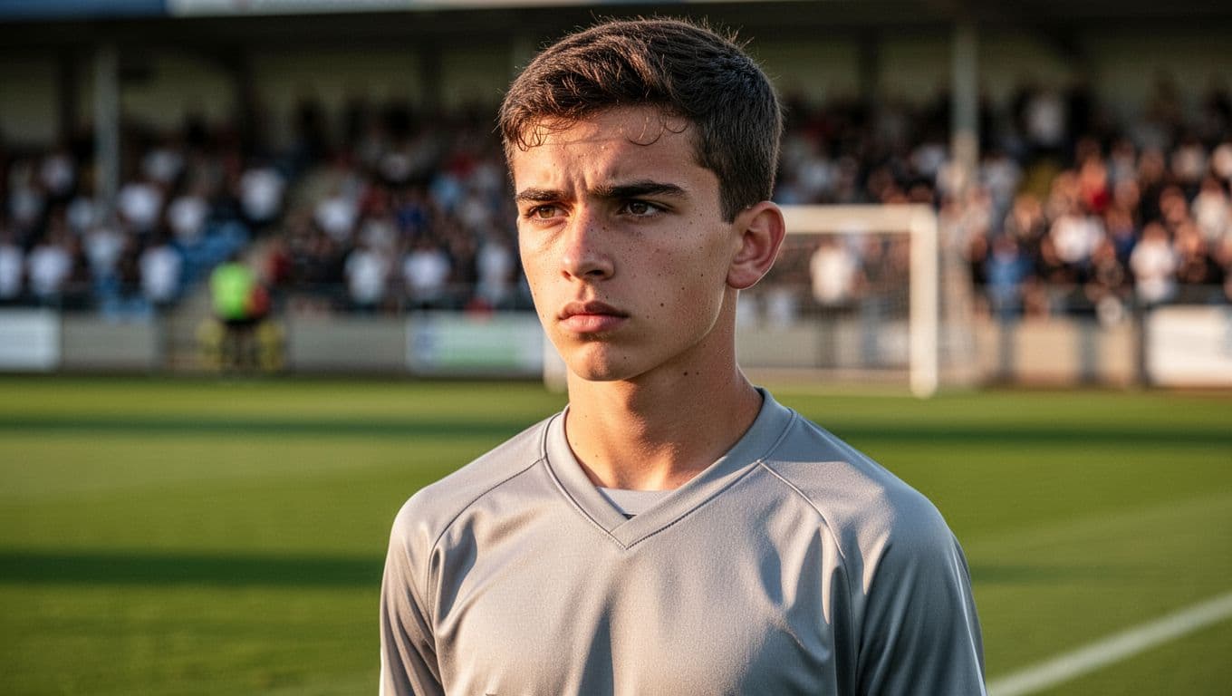 A focused young soccer player in uniform stands on the sideline looking intently toward the field.