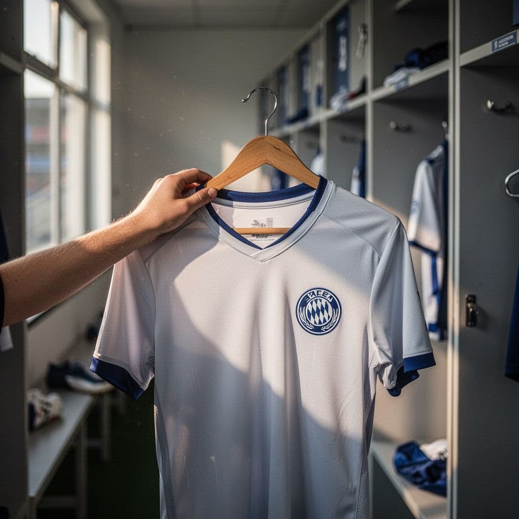 A close-up shot of a young footballer holding a professional team jersey inside a stadium dressing room.