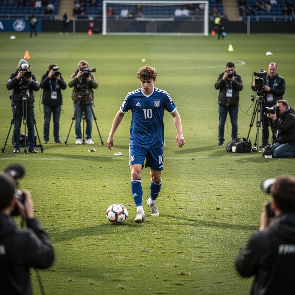 A focused youth soccer player stands on a vibrant green pitch while numerous distant camera lenses and journalists capture his every move. The bright afternoon sunlight highlights his determined facial expression.