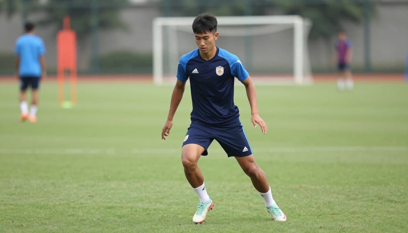 A focused young soccer player performs stretching exercises on a professional grass field.