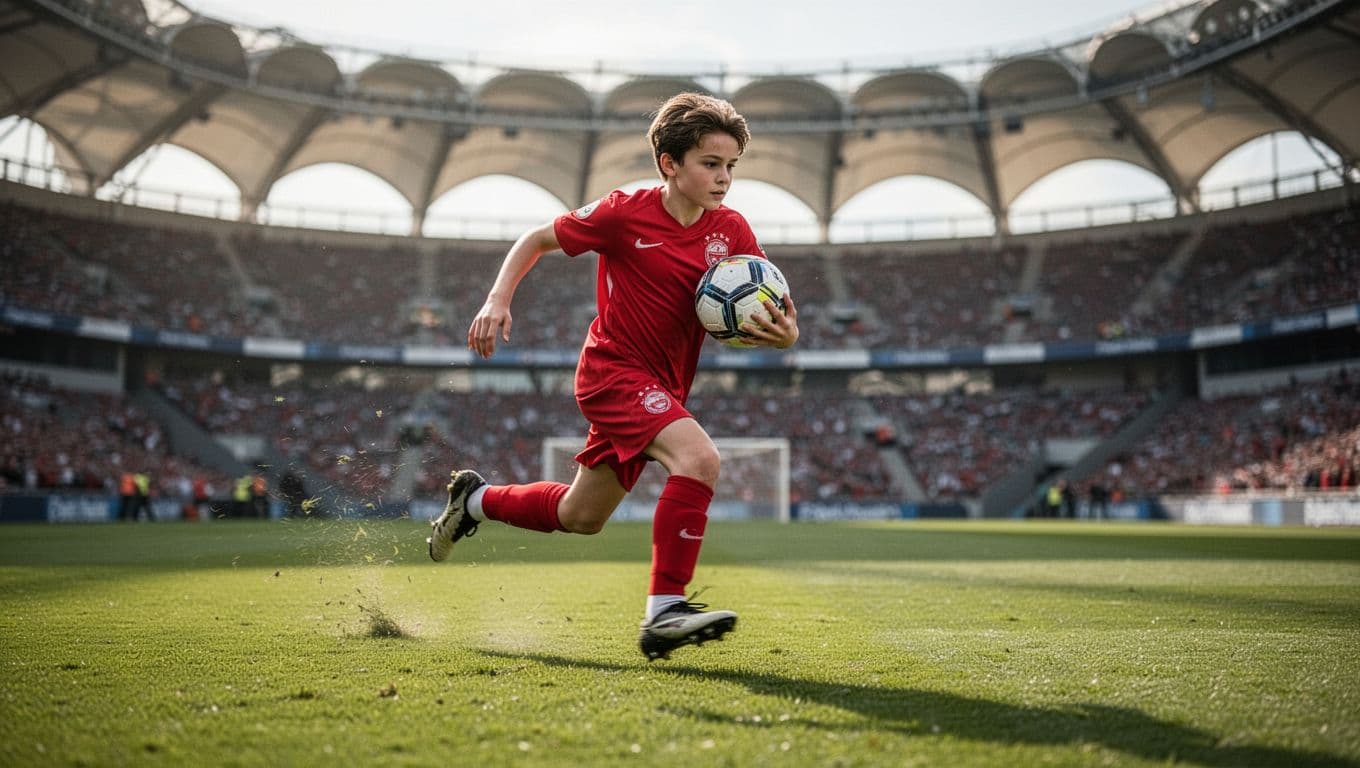 A teenage athlete wearing a red Spain jersey sprints across a vivid green grass pitch while controlling a football. The stadium seating fades into a soft, out-of-focus background blur.