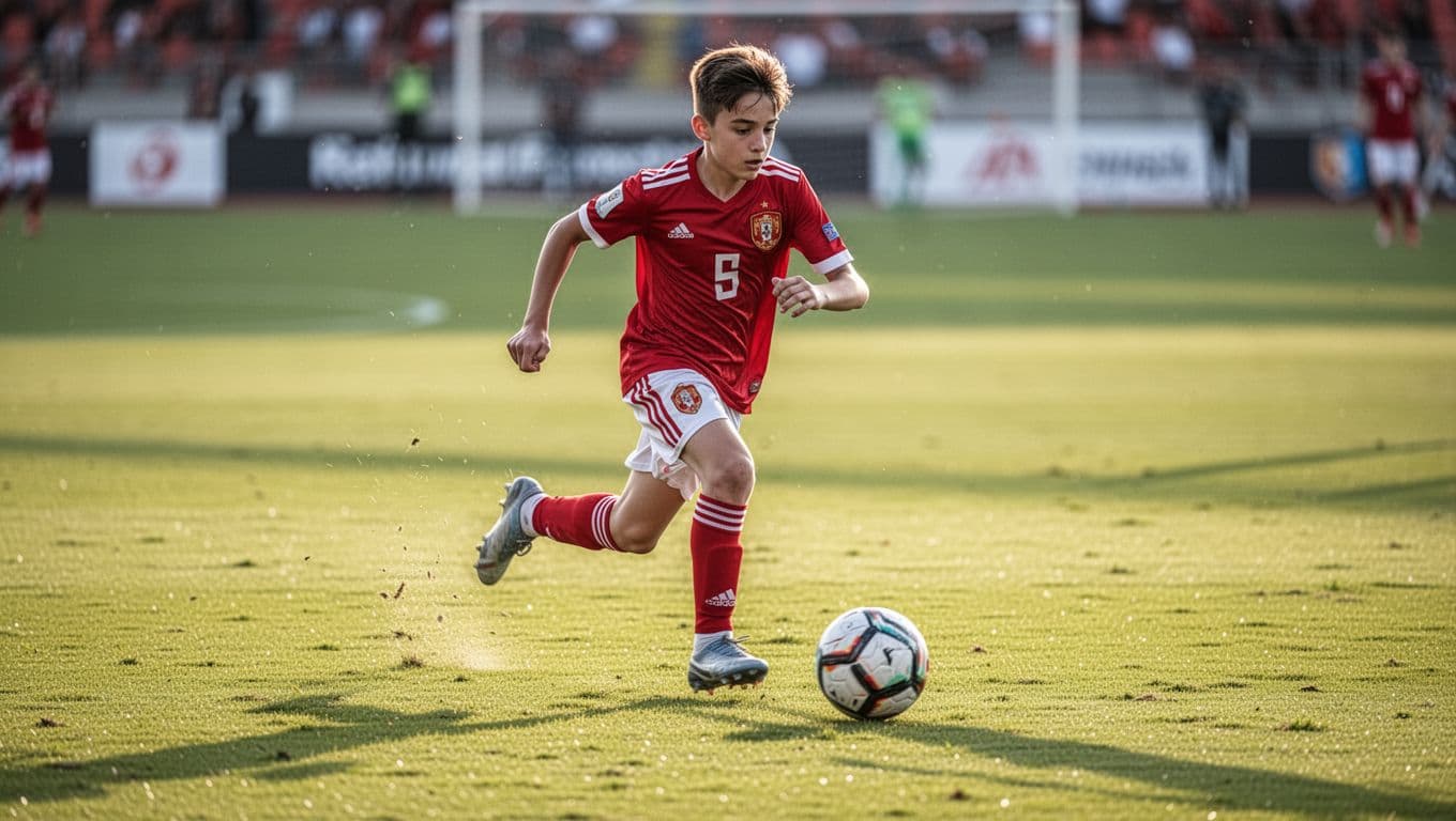 A talented youth athlete wears a vibrant red Spain jersey while sprinting across a lush green field during training. The player maintains tight control of the soccer ball under warm sunlight.