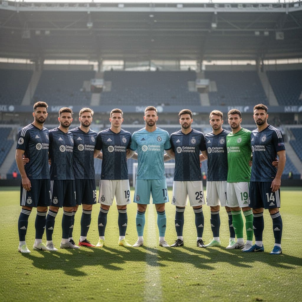 Eleven soccer players stand together on a lush green pitch during a bright day.
