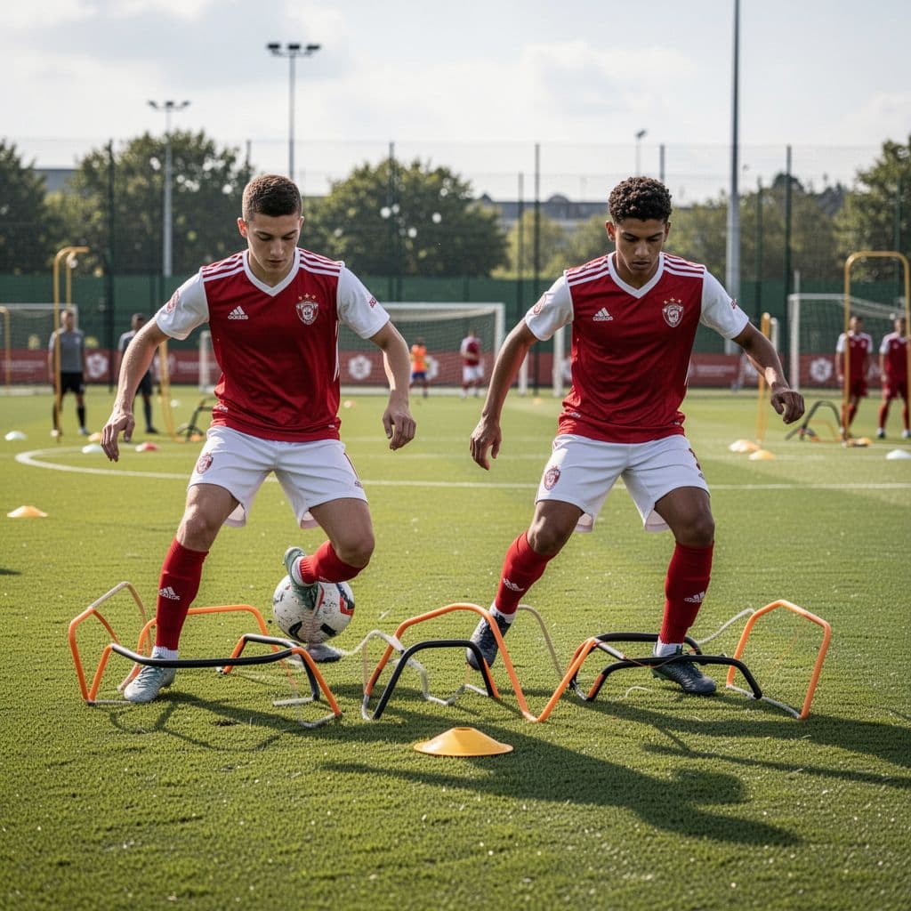 A group of focused young athletes in red and white kits practice coordinated agility drills across a vibrant green grass field under bright, natural daylight in a professional sports facility.