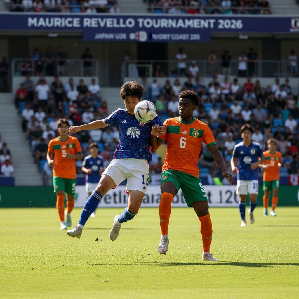 Two focused soccer players sprint across a vibrant green field during a competitive youth tournament. A blurred stadium crowd fills the sunny background while the athletes fight for ball possession.