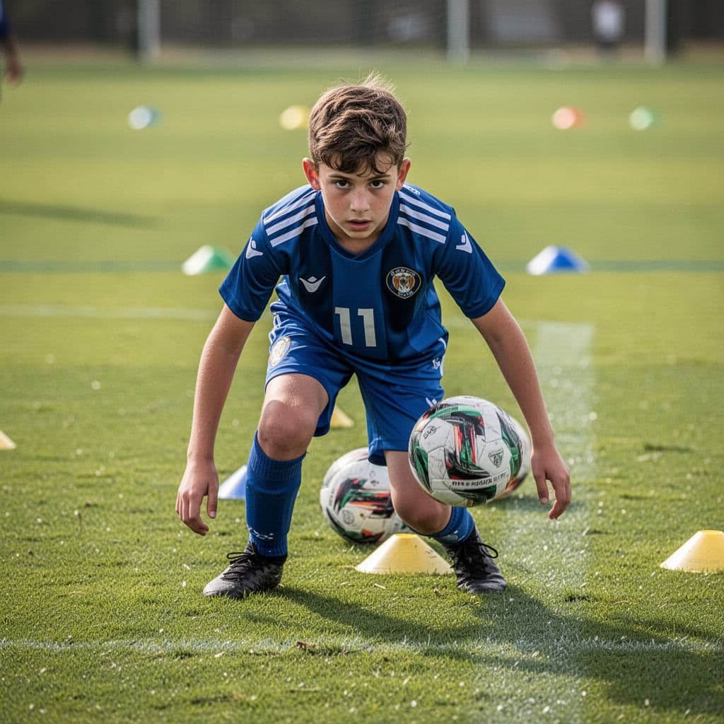A young athlete maintains a determined expression while practicing ball control on a lush green field. Sunlight illuminates the intense concentration on his face as he prepares for the next drill.