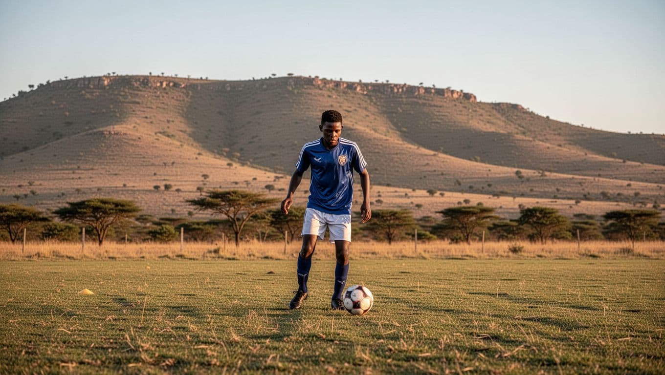 A young athlete practices soccer on an open field with the rolling Limpopo hills in the distance.