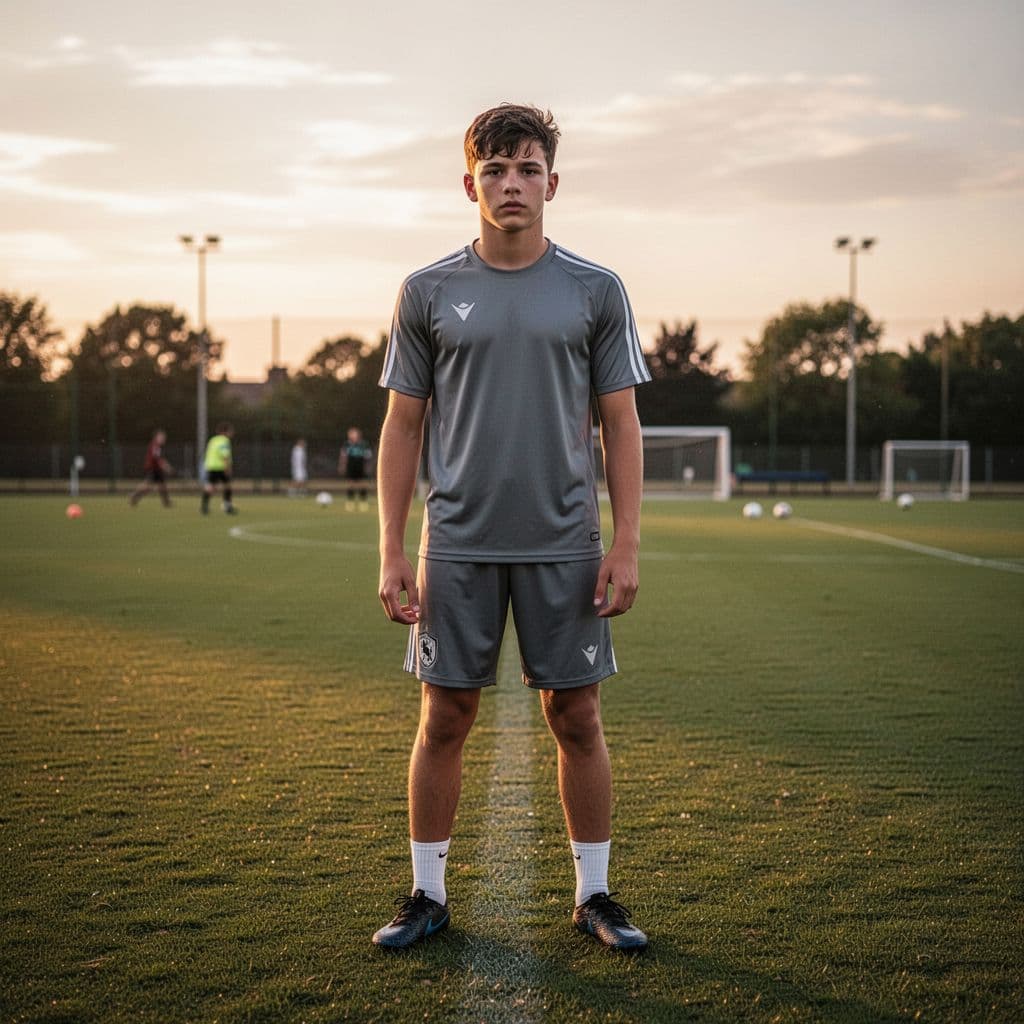 A determined fifteen-year-old athlete stands on a manicured grass pitch during golden hour. He wears a plain training kit, his expression fixed on the horizon as he prepares for practice.