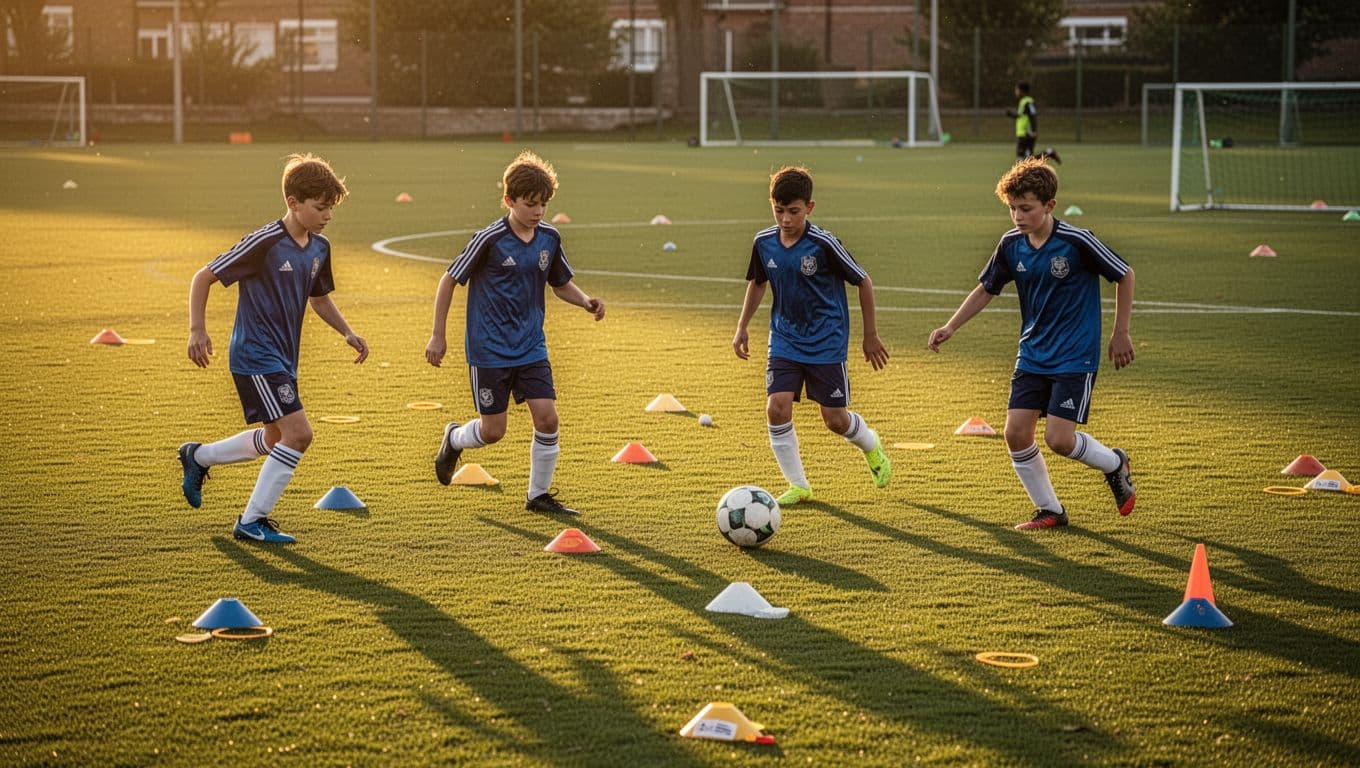 Four young soccer players conduct structured training drills on a green field during golden hour.