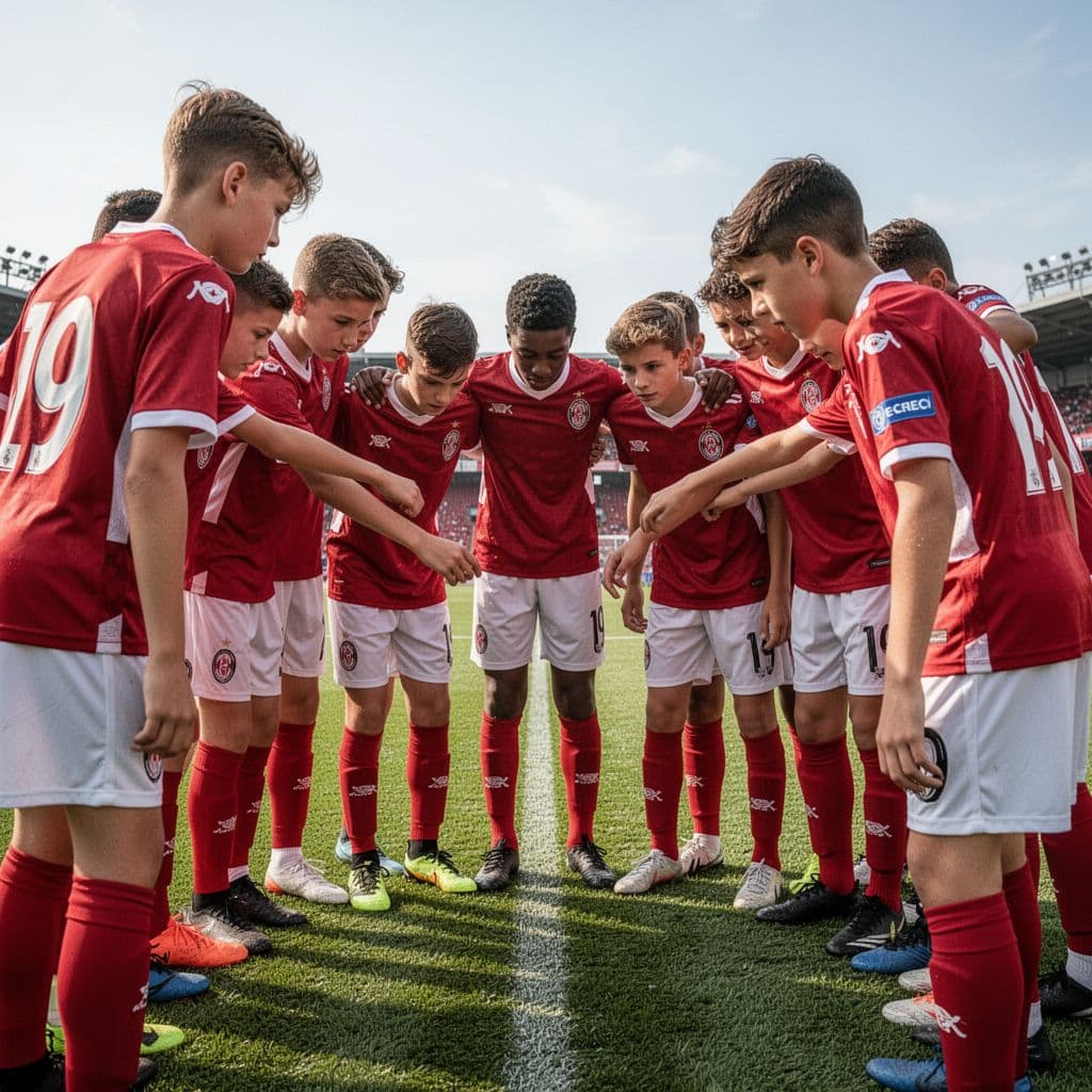 A group of young soccer players in red and white kits standing in a tight huddle on a professional grass soccer field, low angle, focus on the intensity and togetherness, natural daylight, no text, no logos.