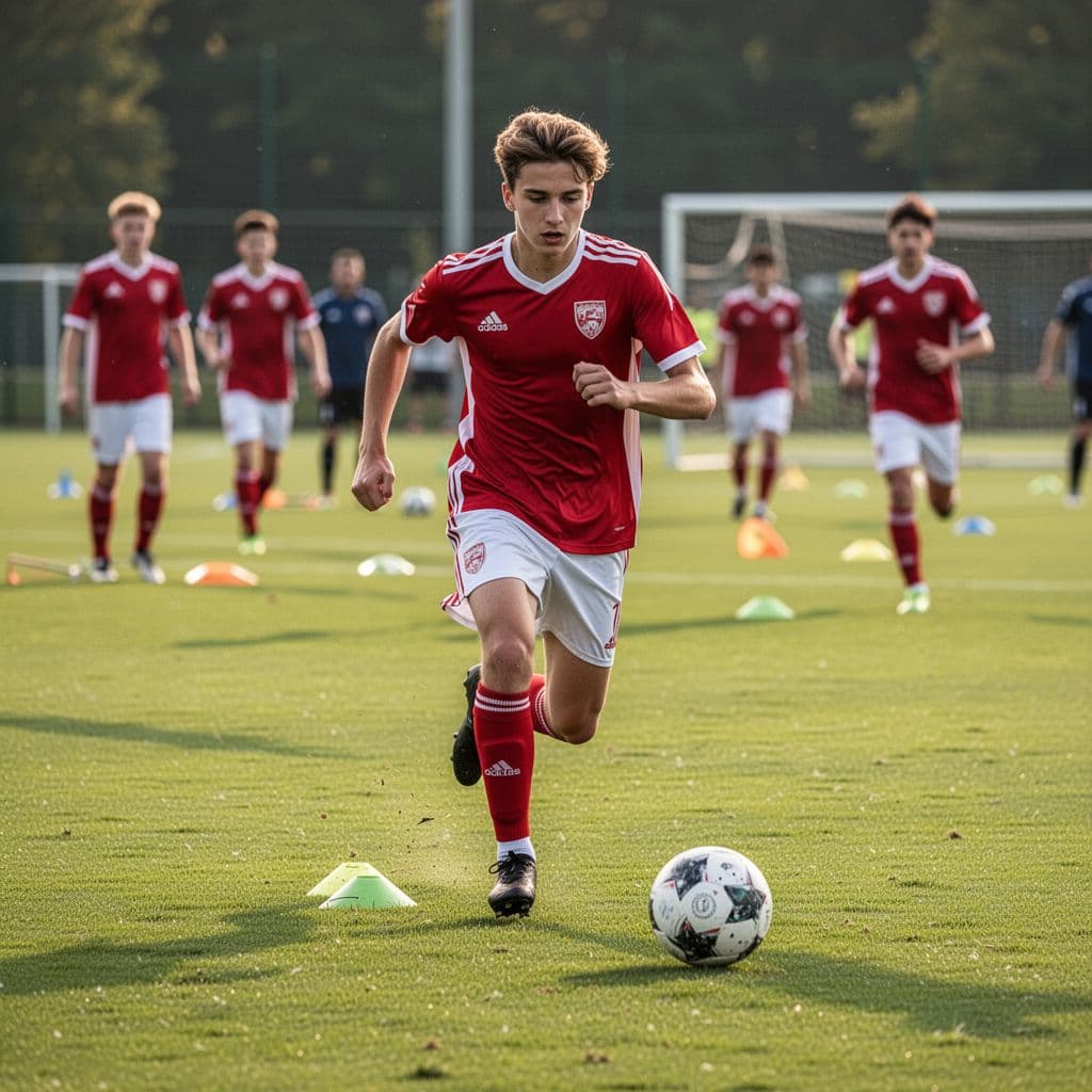 Diverse young athletes in red and white kits perform field drills on vibrant green grass. One focused player sprints forward while his teammates observe under bright, natural daylight conditions.