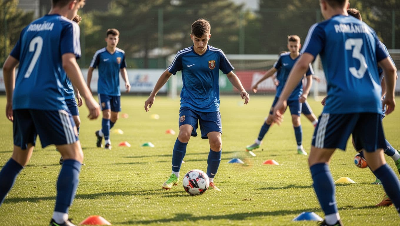 A group of young soccer players practice ball control drills on a green field in Romania.
