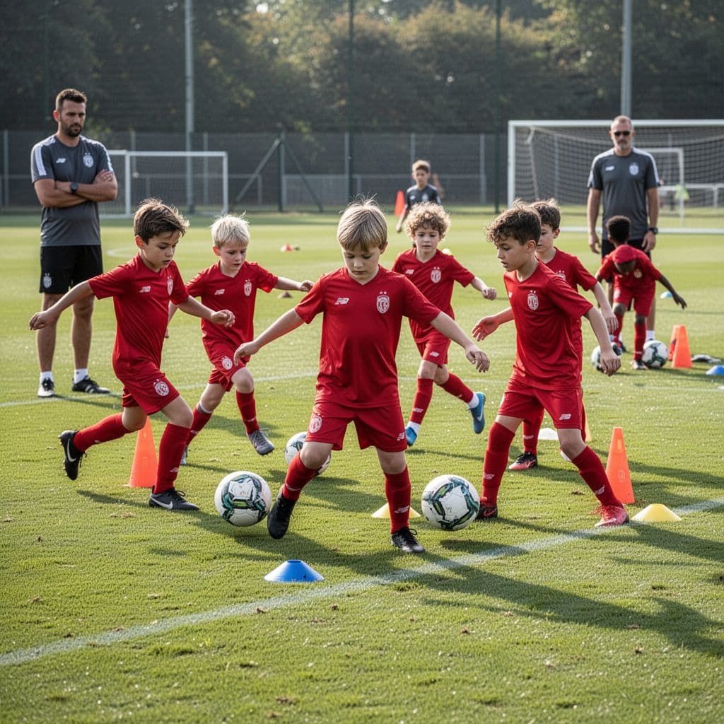 Young athletes in red jerseys practice soccer drills on a vibrant green grass field.