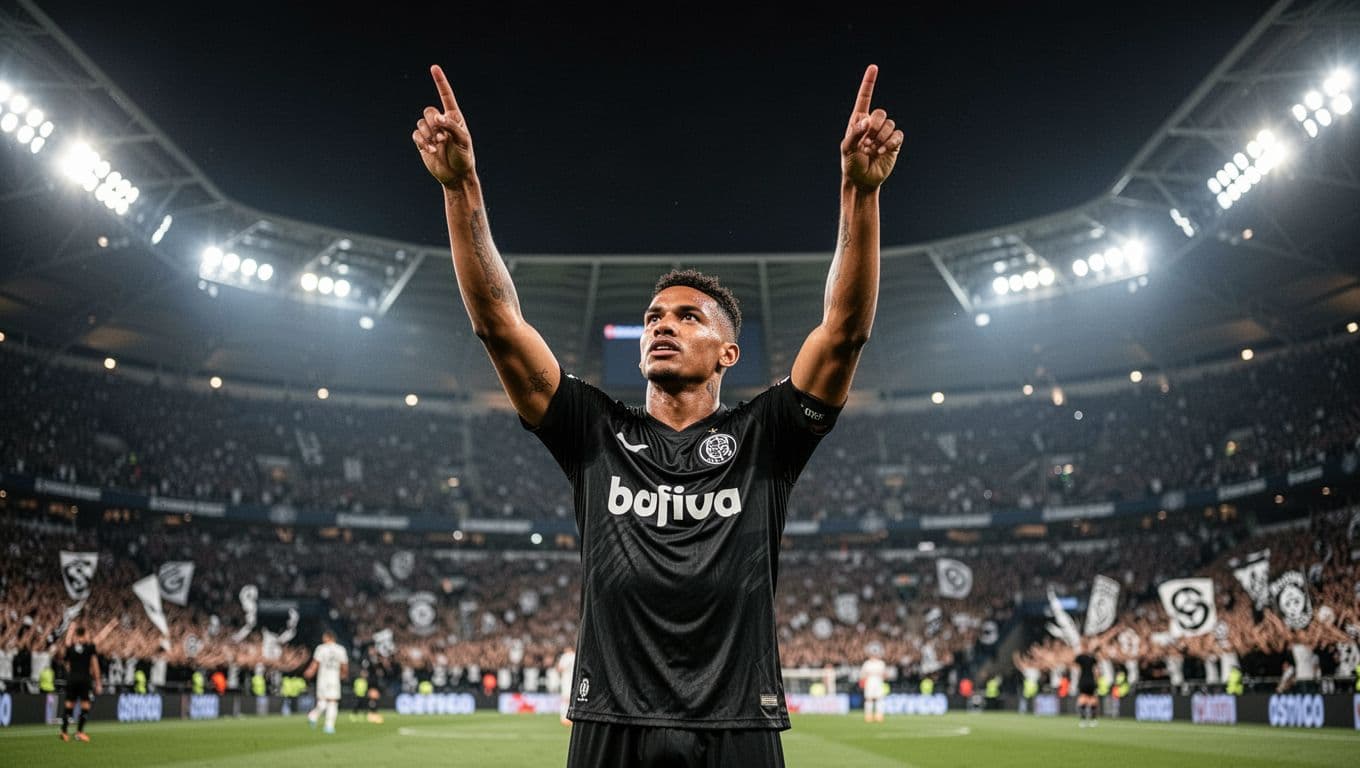 Yuri Alberto in black Corinthians jersey points to sky celebrating goal at night match under floodlights with blurred fans behind.