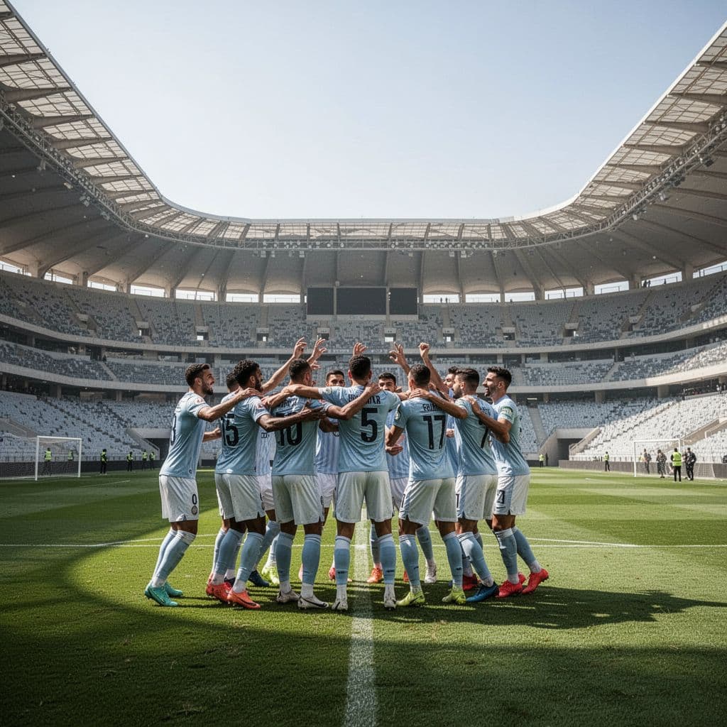 ZED FC soccer players jump in celebration after scoring in a modern Egyptian stadium.