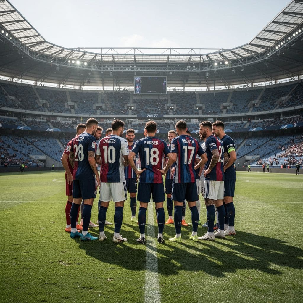 ZED FC players in jerseys huddle on green field in modern stadium under bright daylight.