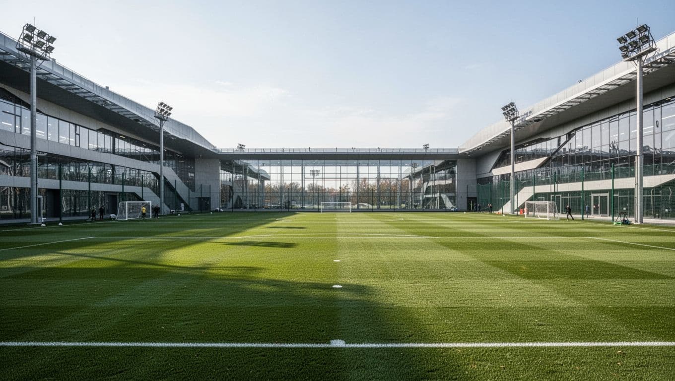 Modern football training facility with lush green grass pitch under clear sky.
