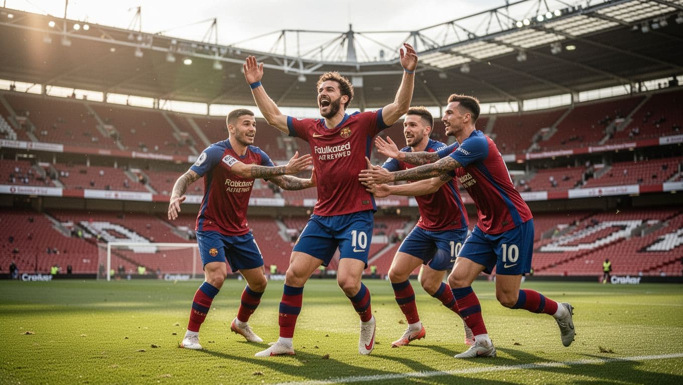 Joshua Zirkzee in red-blue kit celebrates a goal on green Serie A pitch at Stadio Renato Dall'Ara, three teammates rushing to hug him.