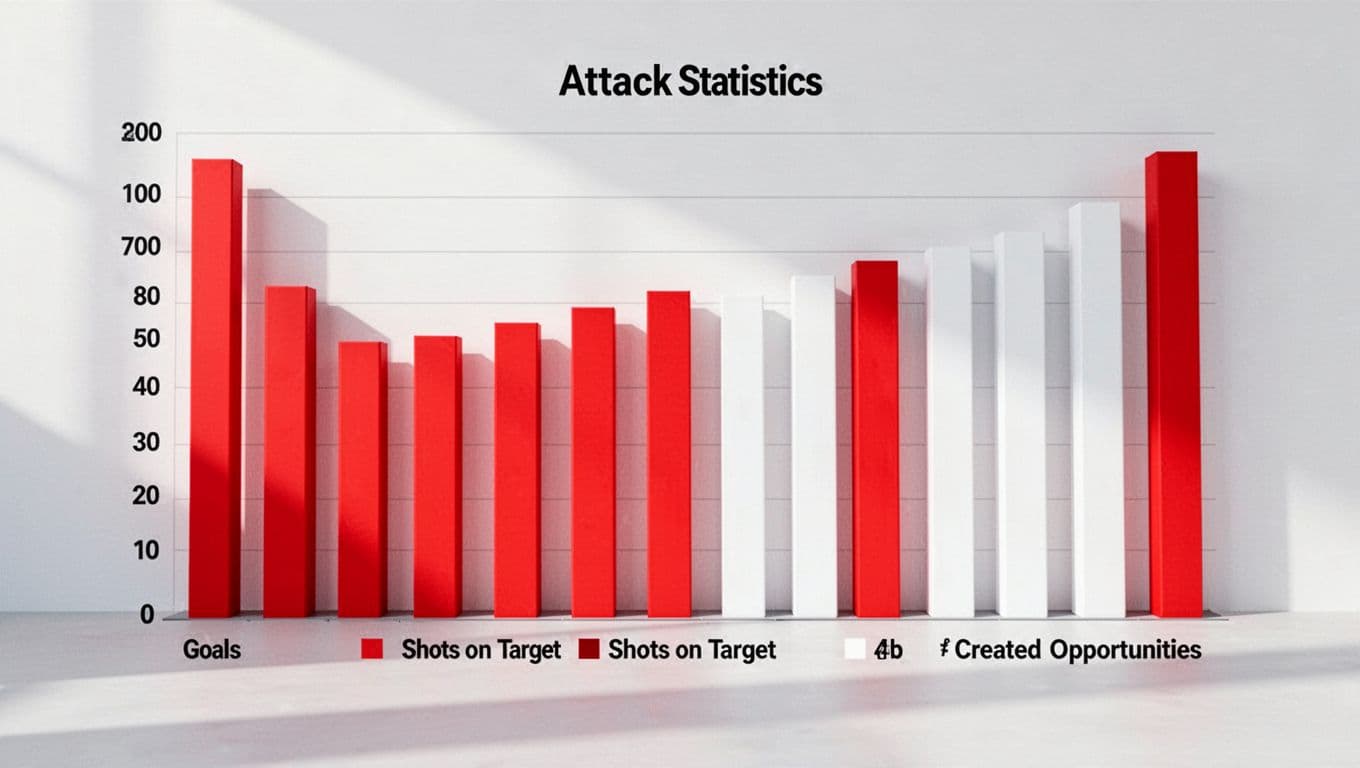 Bar chart in red and white shows Zoman FC's Ligue 1 goals scored, shots on target, and opportunities created, titled Zoman Attack Stats on white background.