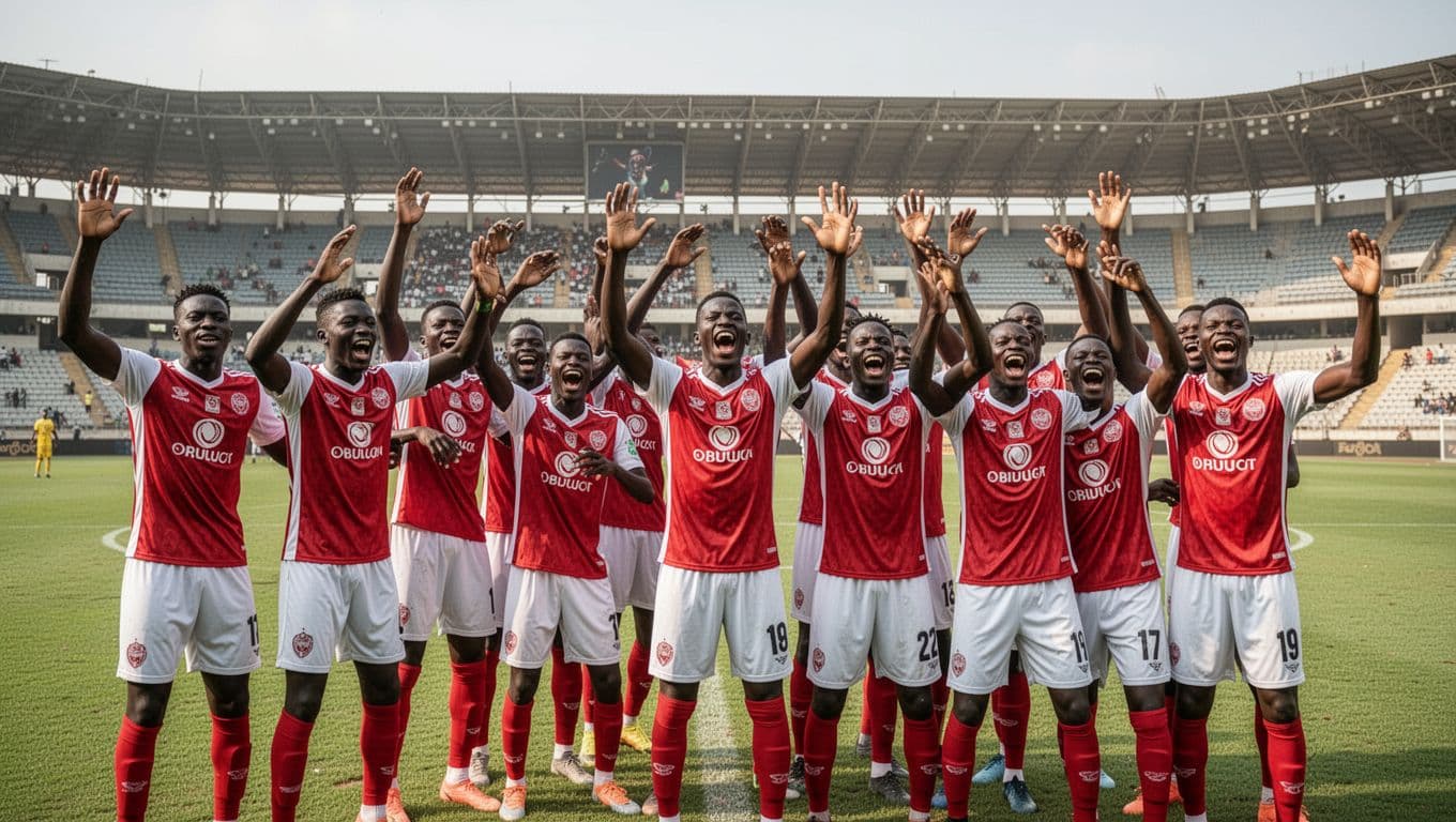 Twelve young players in red and white jerseys joyfully celebrate on a sunny Abidjan field with stadium stands in background.