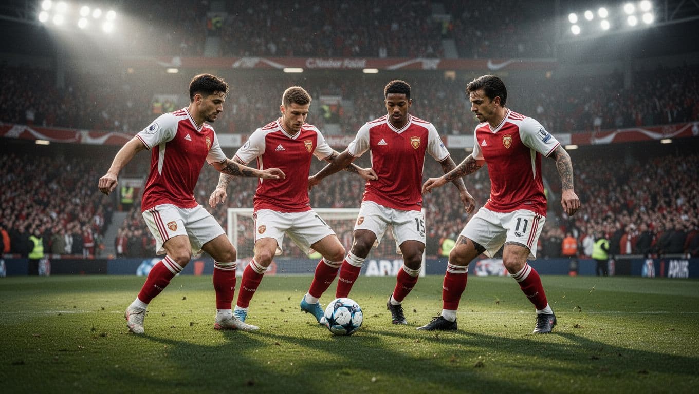 Zoman FC players in red-white jerseys challenge rivals for midfield ball under stadium floodlights.