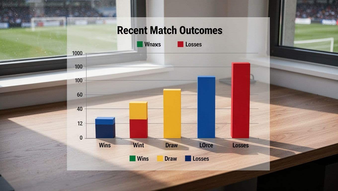 Simple bar graph on sports desk displays Zoman FC recent wins, draws, losses.