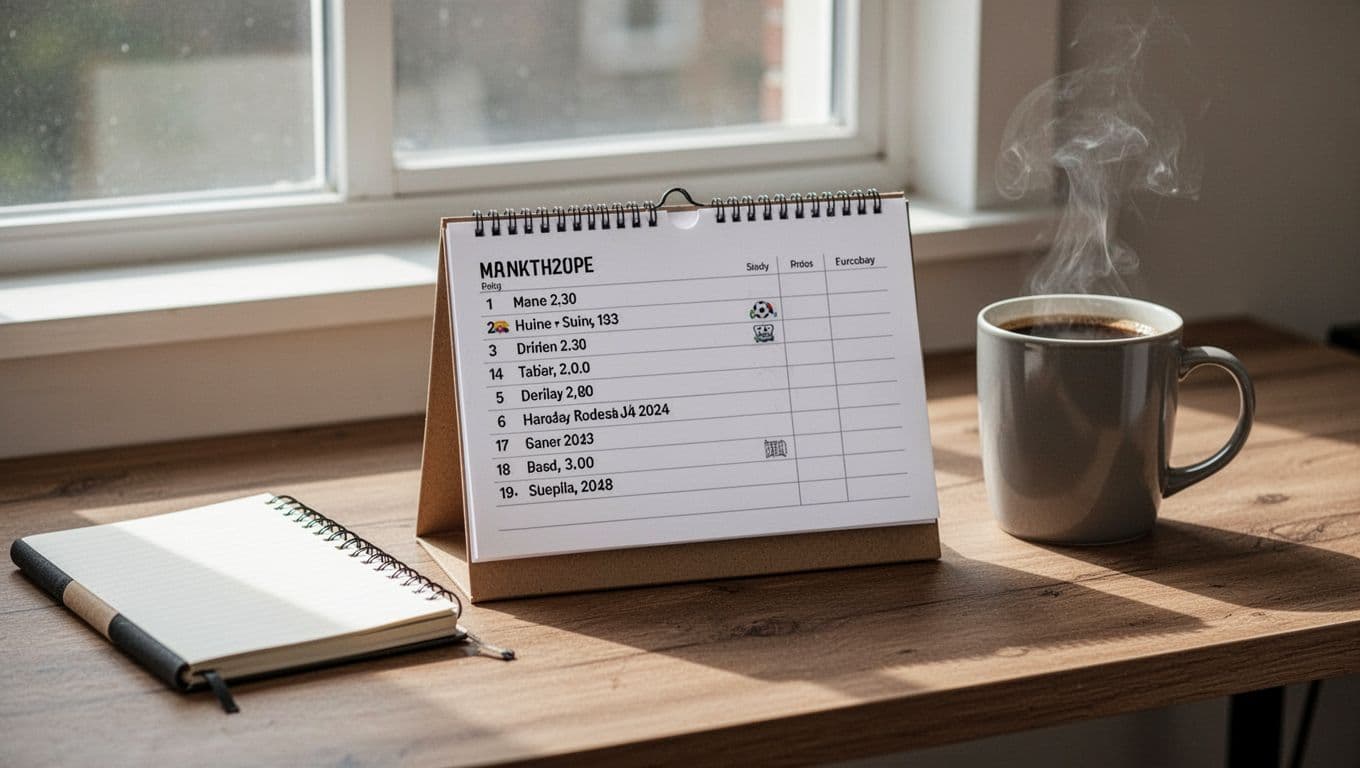Soccer calendar displaying Zoman FC fixtures on a desk with notebook and coffee mug, lit by natural window light.