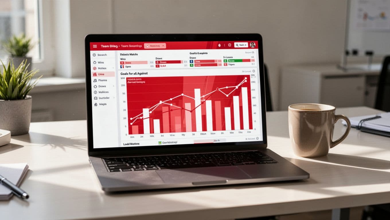 Laptop screen displays Zoman FC soccer statistics including matches, wins, draws, losses, goals for and against in red and white, on office desk with coffee mug in natural light.