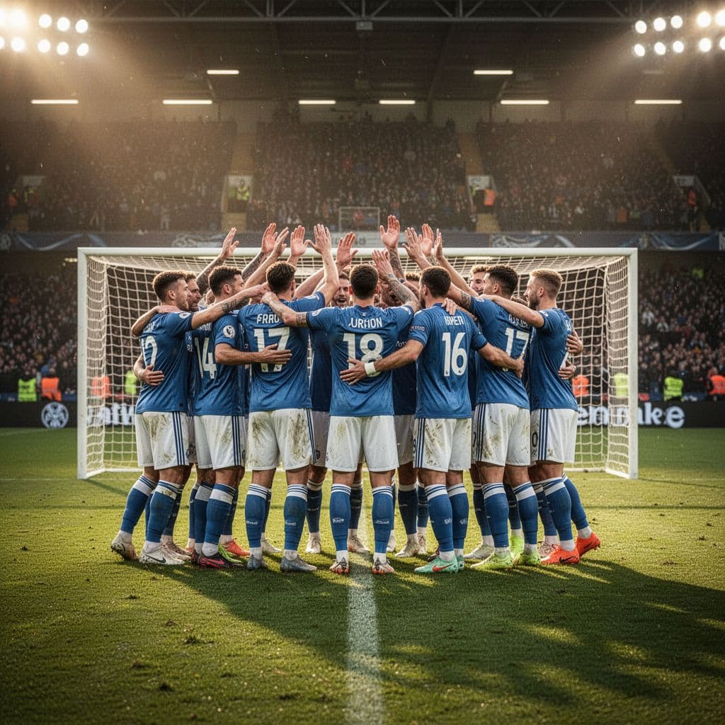 Football players celebrate a goal on the stadium pitch under warm lighting.