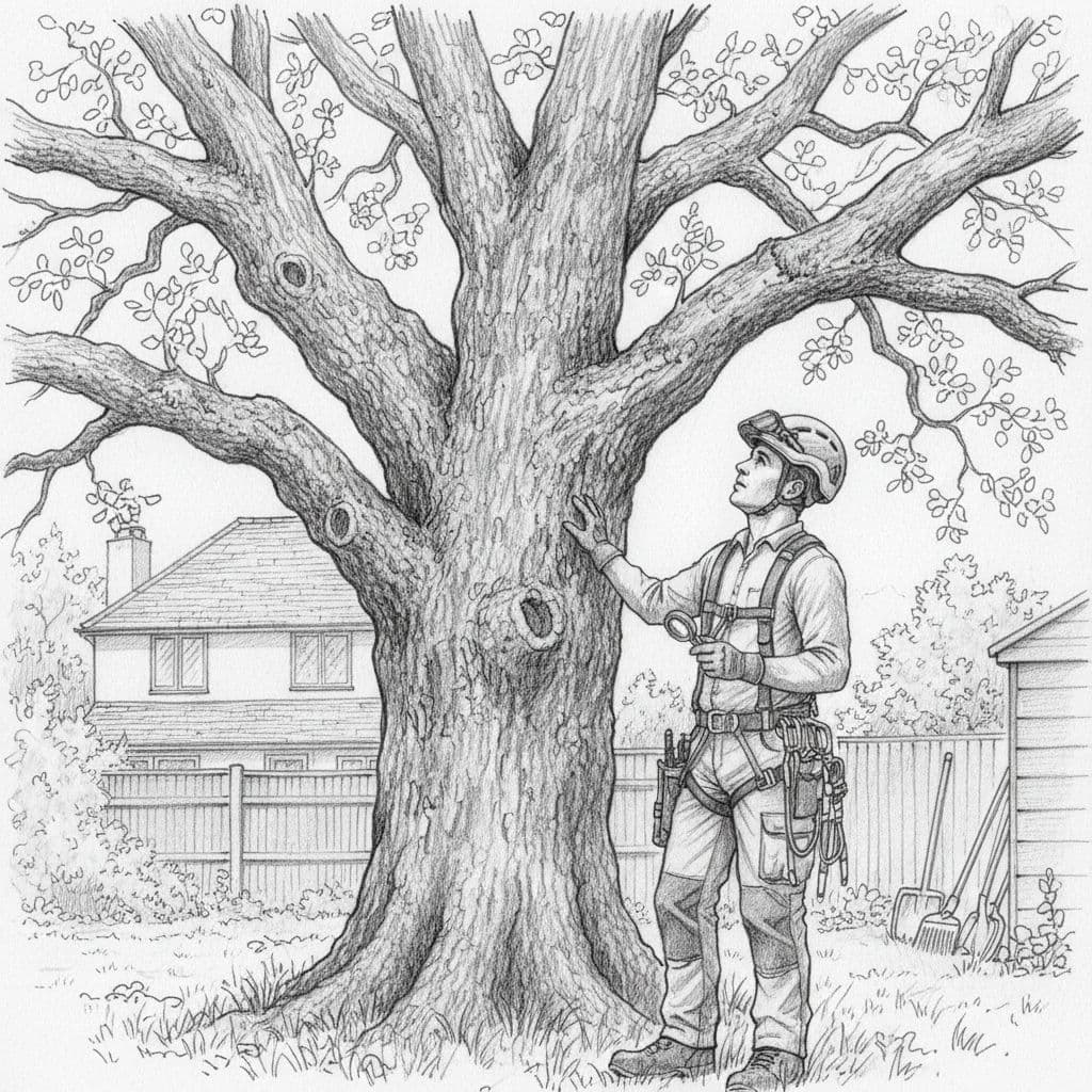 A graphite sketch showing an arborist in work gear inspecting a large tree in a residential backyard.