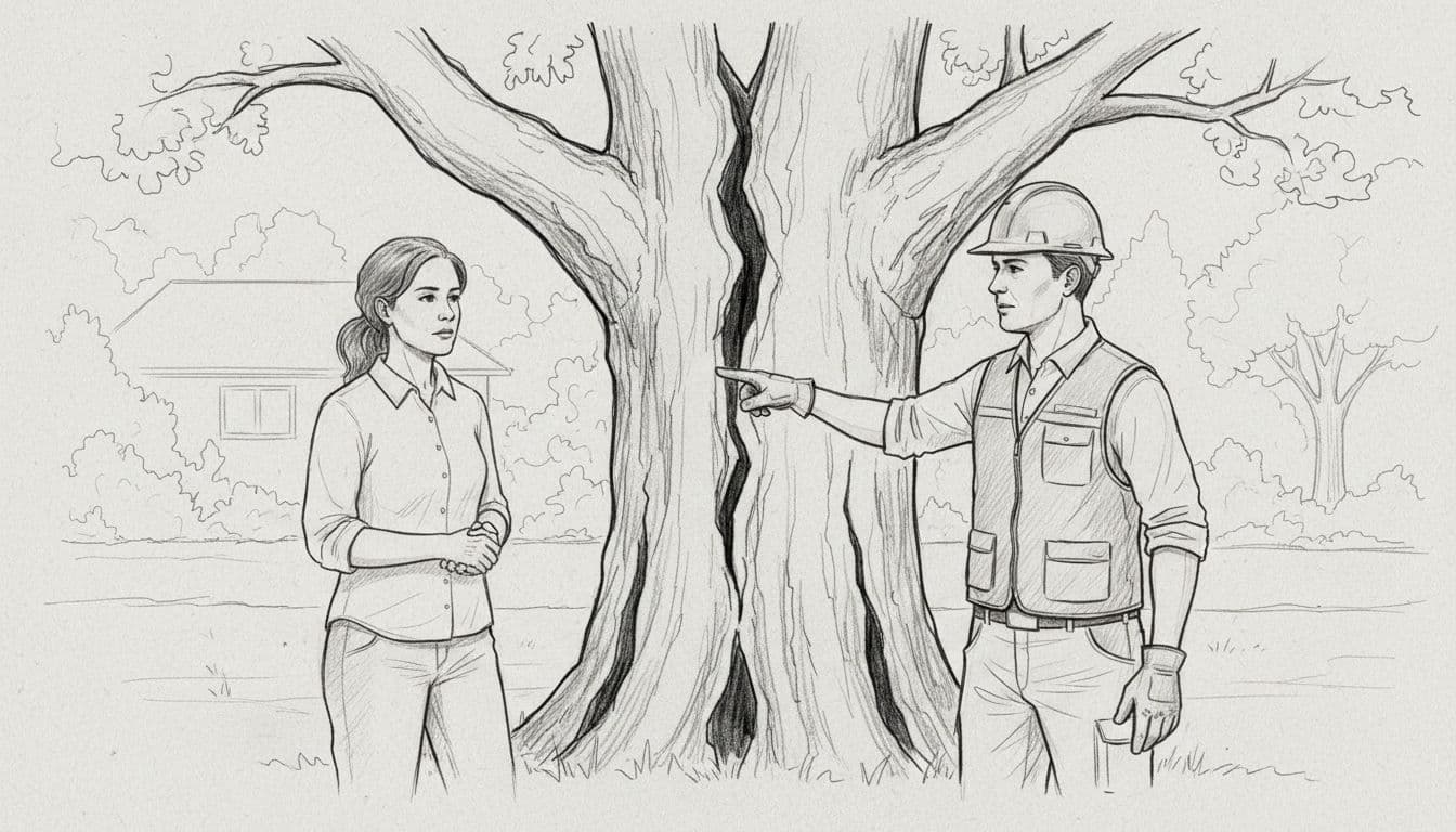 A graphite sketch shows an arborist pointing out trunk cracks to a homeowner near a tree.
