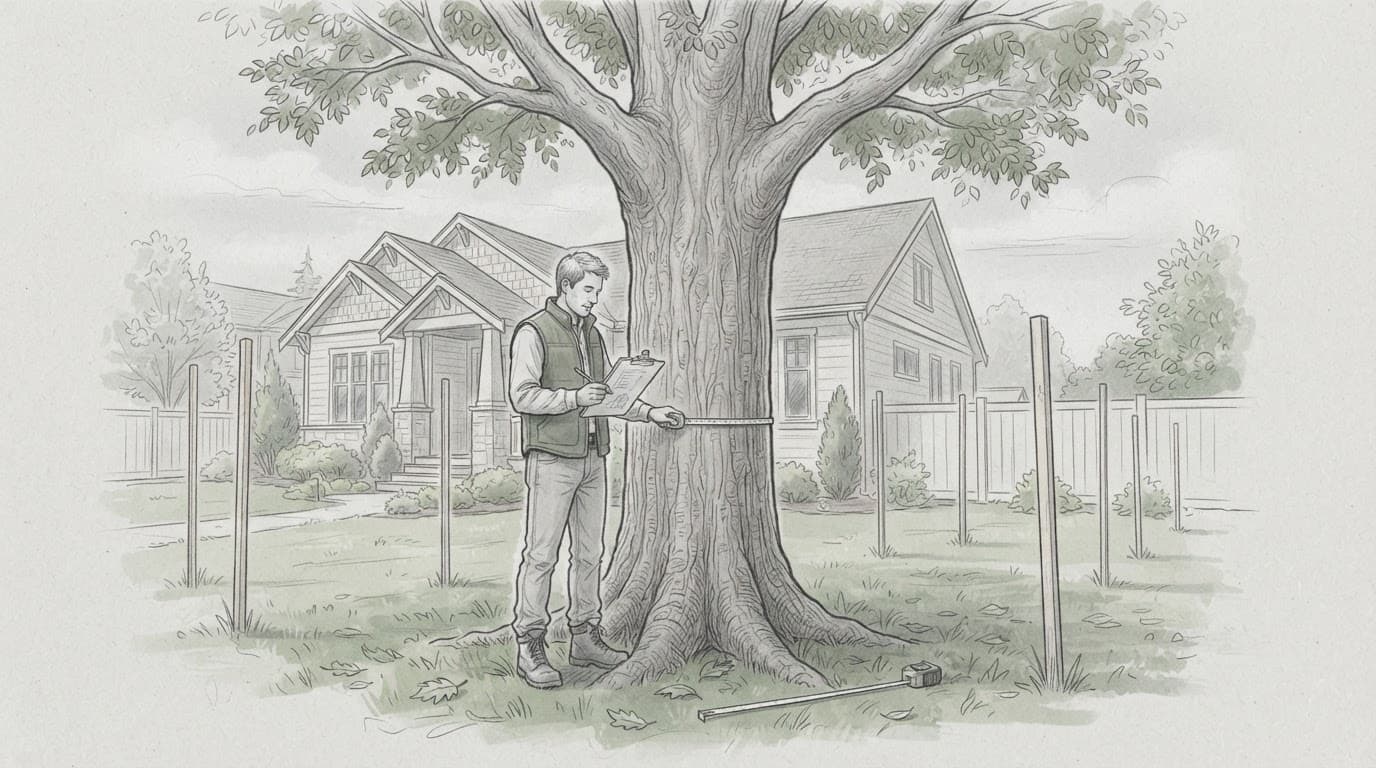 An arborist examines a mature tree beside a house and lawn.