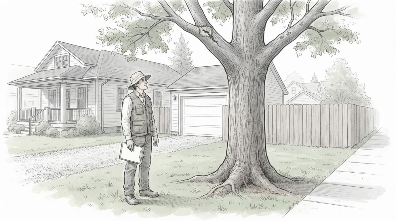 An arborist inspects a large tree beside a home, driveway, fence, and sidewalk.