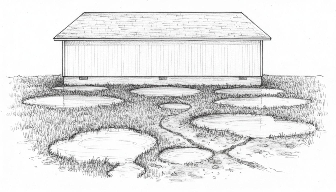 Hand-drawn grayscale sketch of a soggy backyard after rain, featuring standing water puddles near the house foundation, erosion channels, low wet spots, and exposed clay soil.