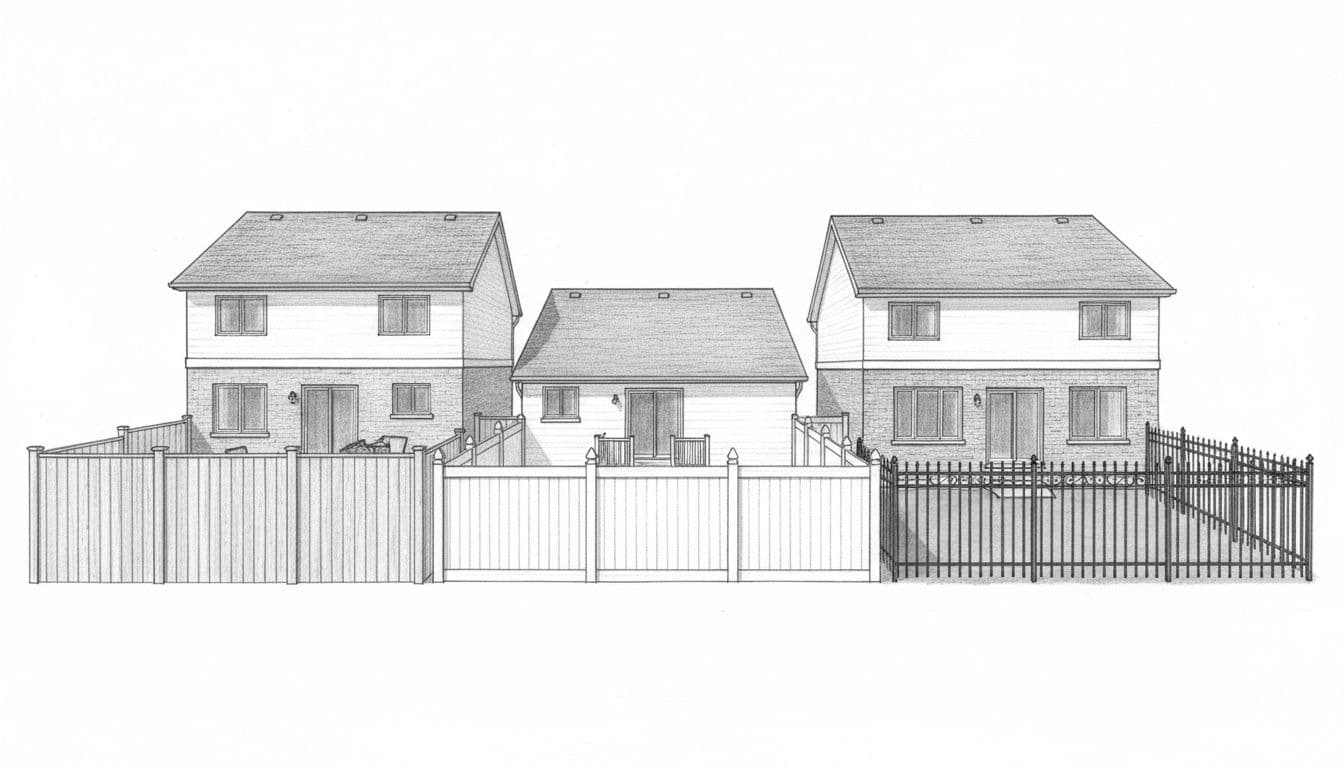 Hand-drawn sketch of three adjacent suburban homes from the backyard, showing a tall wood privacy fence on the left, vinyl privacy fence in the middle, and ornamental aluminum metal fence on the right. Clean, well-maintained fences in graphite linework with light shading on a white background.