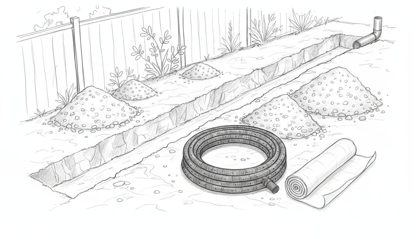 Hand-drawn grayscale sketch showing a long sloped trench dug in backyard soil for French drain installation, with nearby gravel piles, coiled perforated pipe, filter fabric roll, and outlet pipe. Simple fence and plants in background, clean white background with light shading.
