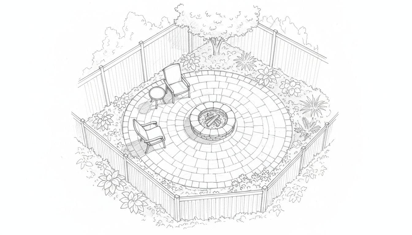Graphite linework sketch on white paper depicting a suburban backyard patio with interlocking pavers, central fire pit, two chairs, one table, subtle plants, fence, and relaxed evening lighting from an overhead angle.