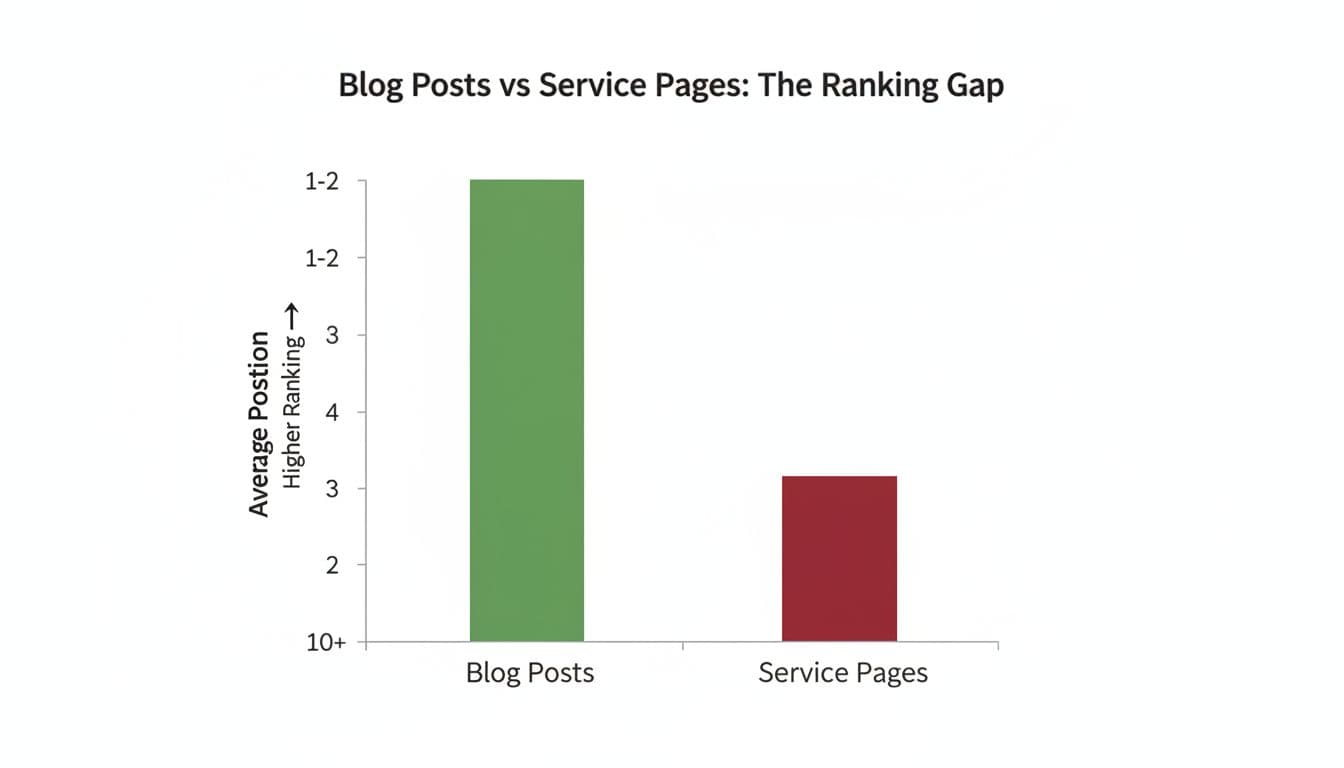 Simple bar chart illustrating blog posts with high Google rankings on page 1 and service pages stuck on page 3 or lower. Features a tall green bar for blogs and a short red bar for services in a clean infographic style with white background and 'Average Position' axis labels.