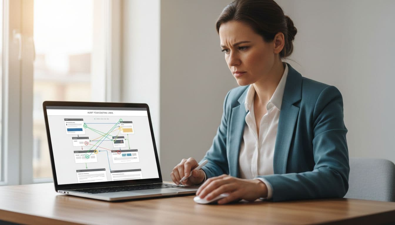 Small business owner in modern office reviews laptop screen with website sitemap and colorful internal link annotations.