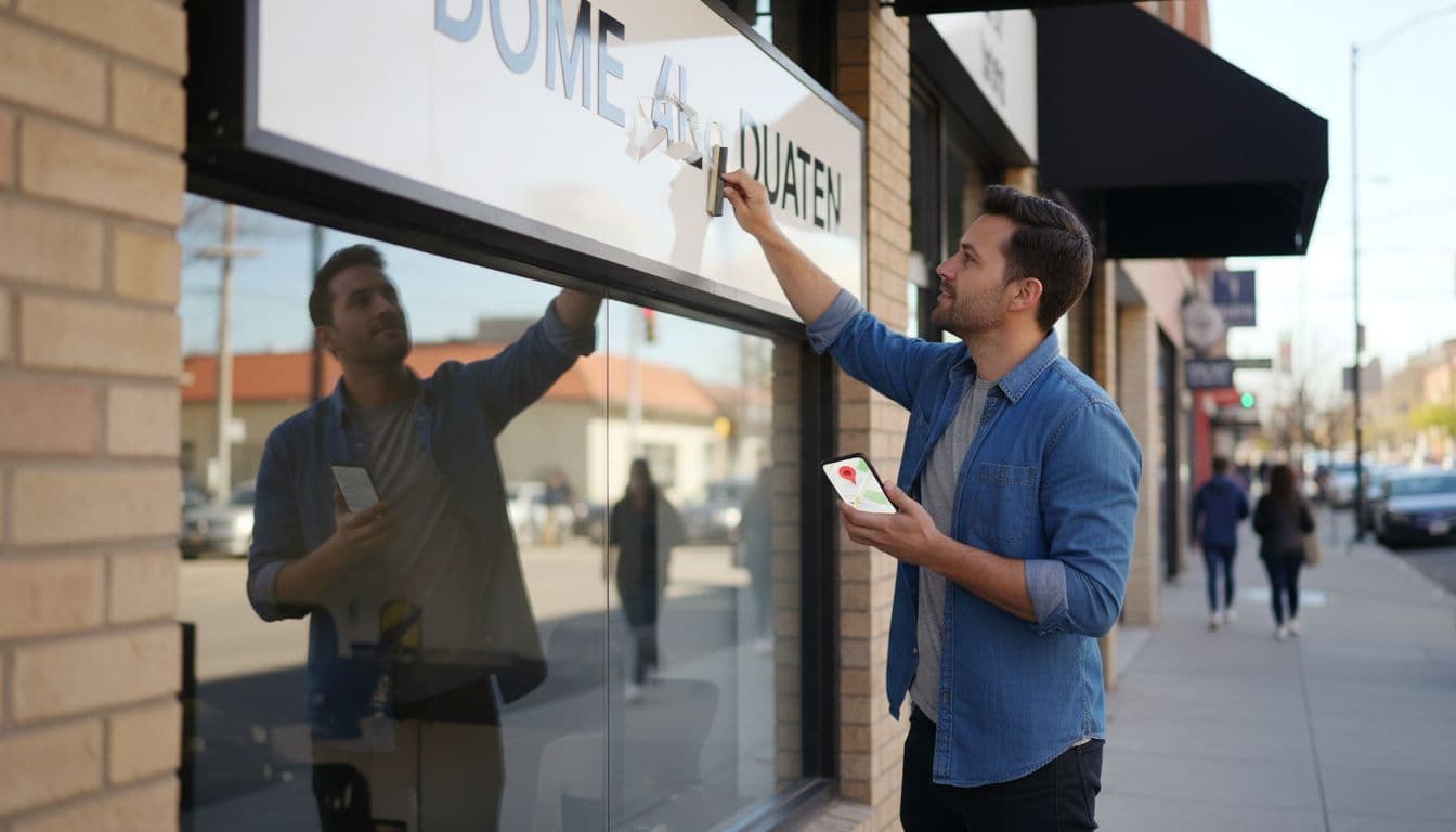 Small business owner stands outside modern storefront on sunny day, updating sign while holding phone with blurred Google Maps pin.