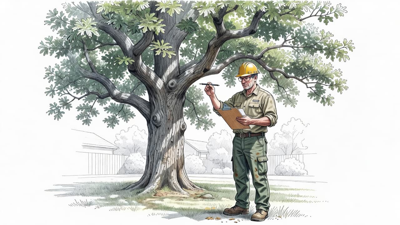 A detailed graphite sketch depicts an arborist standing in a lush backyard holding a clipboard. He carefully observes the structure and health of a towering, mature oak tree in the garden.