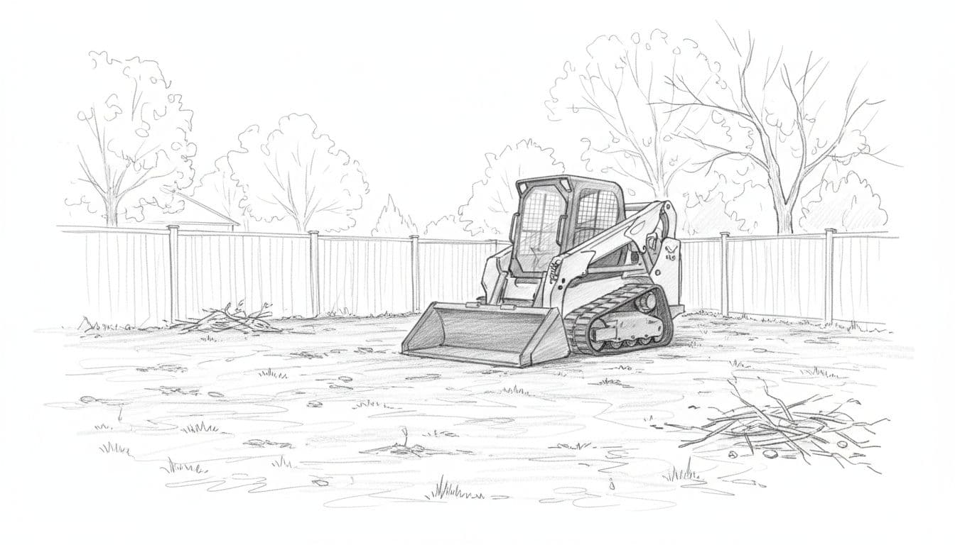 A graphite sketch showing a cleared backyard with a piece of landscaping equipment parked on the grass.
