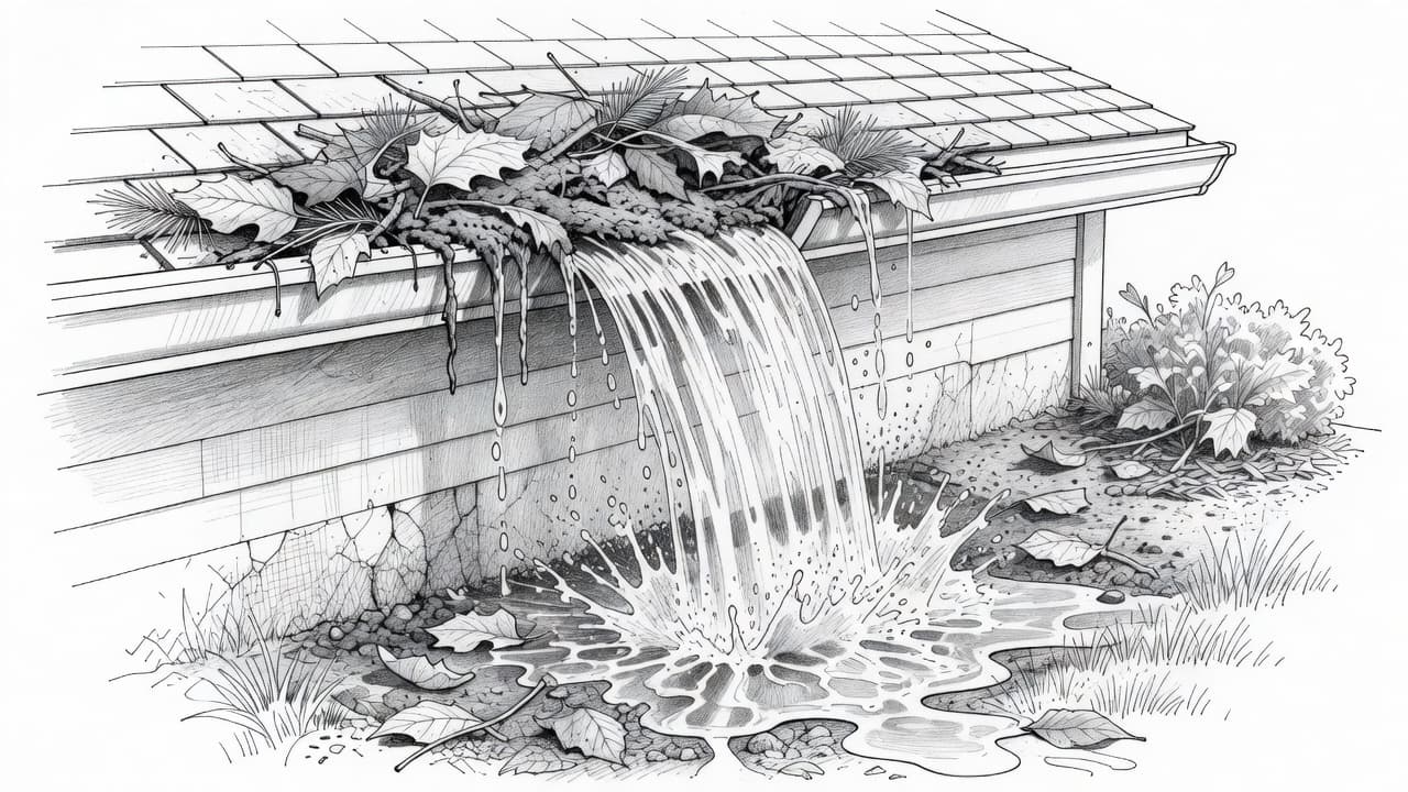 A detailed graphite sketch displays a roofline with overflowing gutters packed full of fallen leaves. A concentrated stream of rainwater pours over the side, drenching the soil near the house foundation.