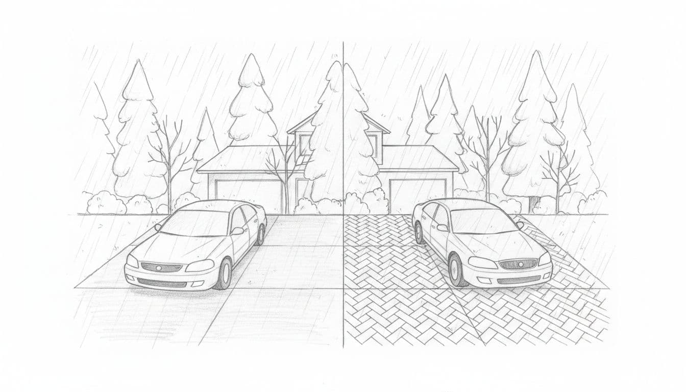Hand-drawn graphite sketch of a suburban driveway split down the middle, with smooth poured concrete slab and parked car on the left, interlocking concrete pavers and parked car on the right, in a rainy Pacific Northwest setting with subtle rain lines and nearby trees.