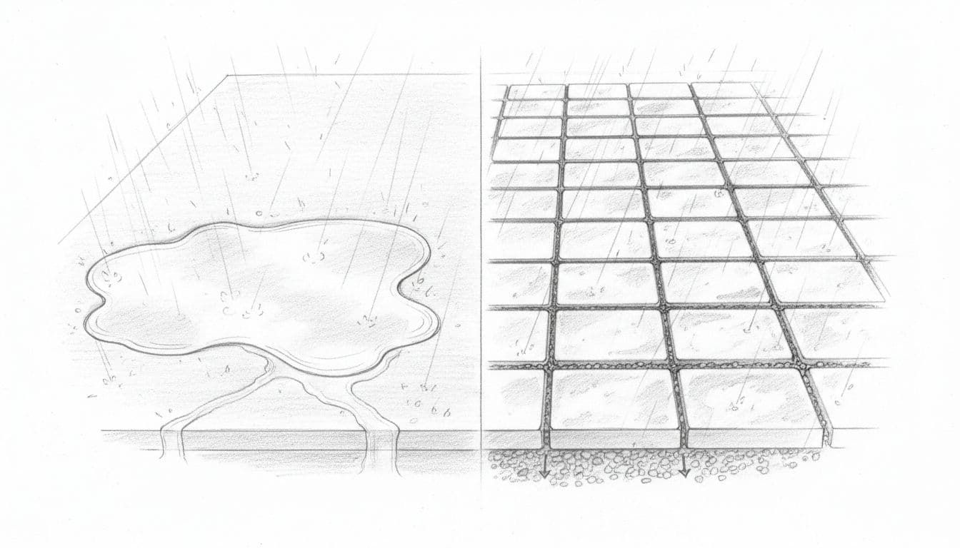 Hand-drawn graphite sketch comparing poured concrete driveway with standing water puddles to interlocking pavers draining rainwater through joints on a clean white background.