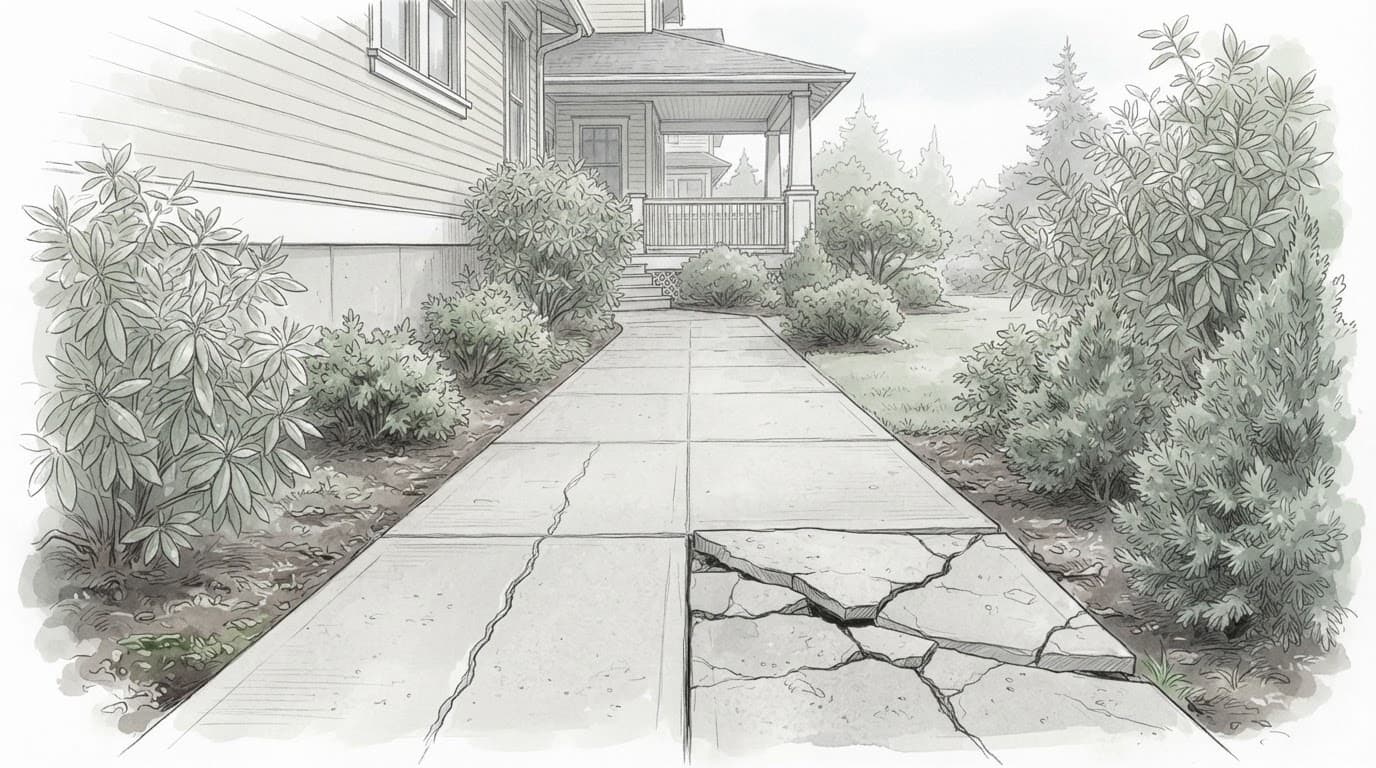 Concrete walkway with a narrow crack and a displaced broken section.