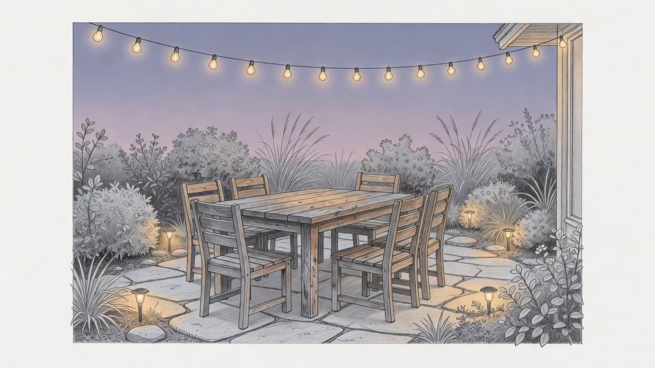 A graphite drawing captures a stone patio at dusk with a wooden table and chairs. Delicate string lights illuminate the space while soft garden lights highlight the surrounding foliage and architecture.