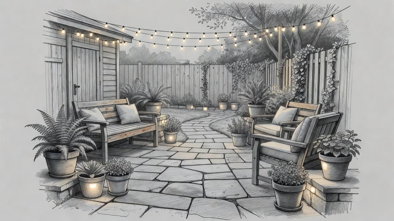 A detailed graphite drawing captures a serene patio space decorated with glowing string lights and verdant potted plants. The architectural lines create an inviting atmosphere for evening outdoor relaxation and comfort.