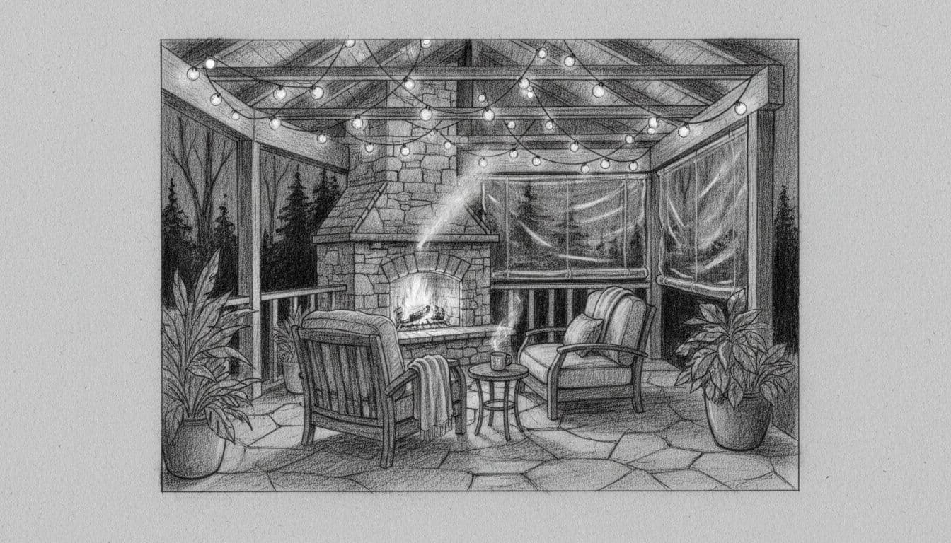 A graphite drawing of a covered patio featuring a warm fireplace and glowing string lights.