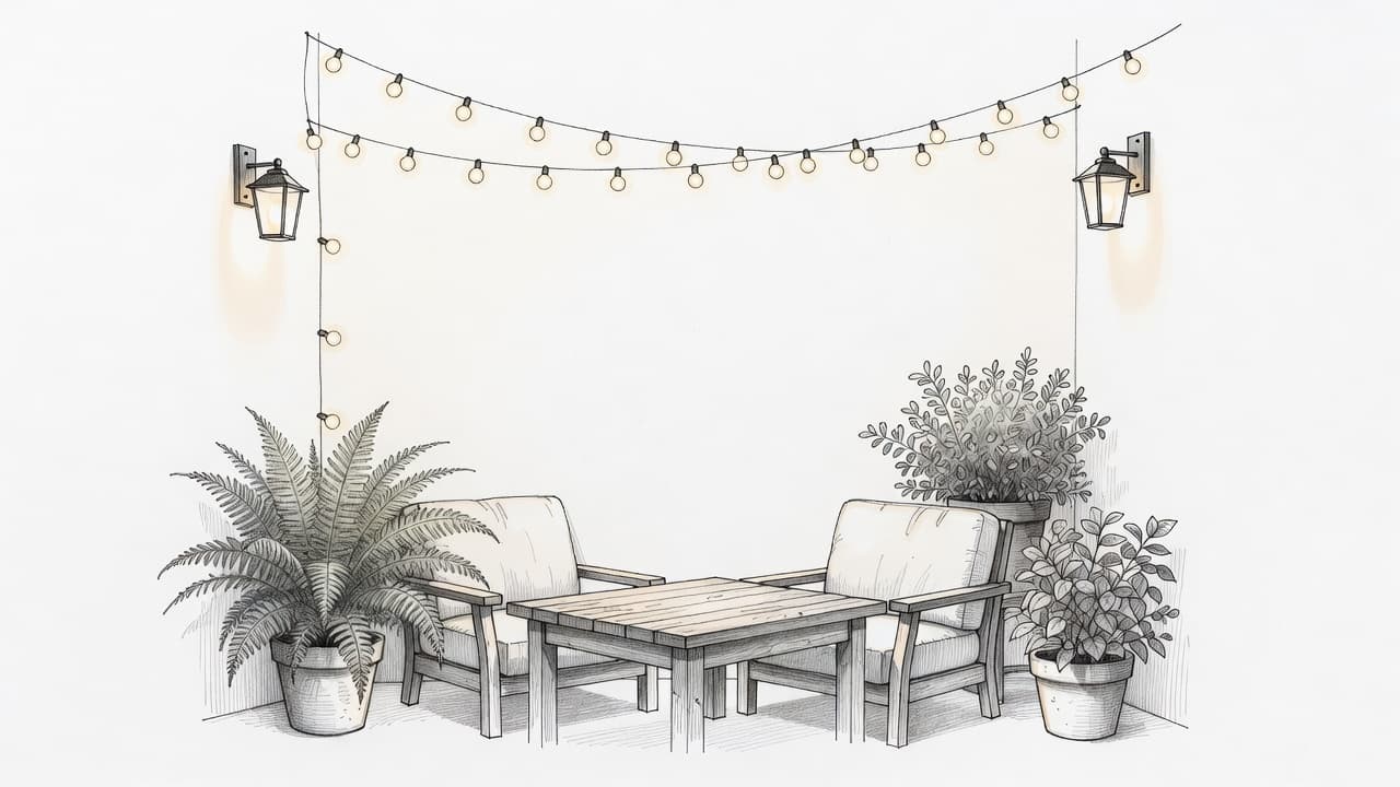 A detailed graphite illustration depicts an inviting outdoor lounge area at night. Glowing string lights and wall sconces illuminate plush seating arrangements, while dense potted greenery frames the quiet patio space.